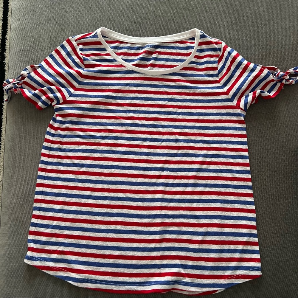 Talbots Womens Blouse MP Red Blue White Linen Blend Striped Short Sleeve